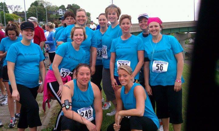 Brooke Deegan with her running group; she identified herself at the far right wearing a pink bandanna